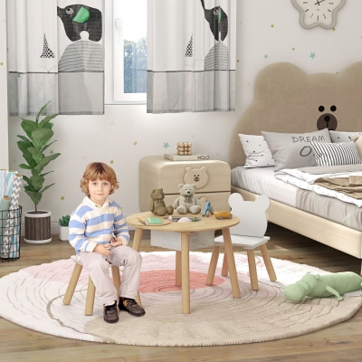 Qaba 3 Pieces Kids Table and Chair Set, Activity Table and Chair Set with Bear-Shaped Chairs, Mesh Bag