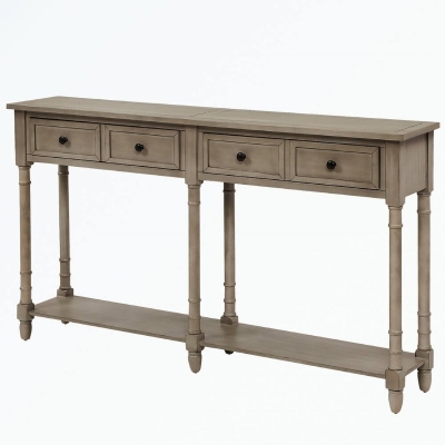 Console Table with Two Storage Drawers and Bottom Shelf, Solid Wood Frame, Easy Assembly, 58" L x 11" W x 34" H, Gray