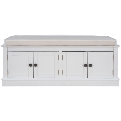 Storage Bench with 4 Doors and Adjustable Shelves, Shoe Bench with Removable Cushion for Entryway, 43" L x 16" W x 17.5" H, White