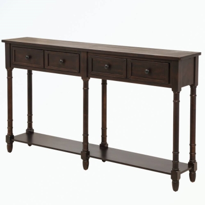 Console Table with Two Storage Drawers and Bottom Shelf, Easy Assembly, Solid Wood Frame, 58" L x 11" W x 34" H, Dark Brown