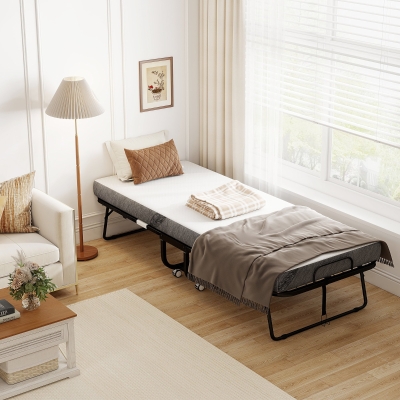 HOMCOM Single Folding Bed with Memory Foam Mattress, White