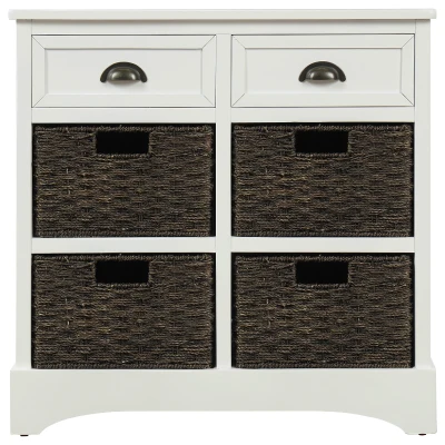Rustic Storage Cabinet with Two Drawers and Four Rattan Baskets, Modern Farmhouse Style, Acacia Wood Frame, 28" L x 12" W x 28" H, White