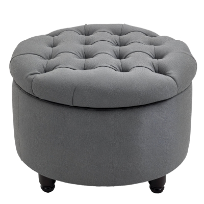 HOMCOM Round Fabric Storage Ottoman, Button Tufted, Gray