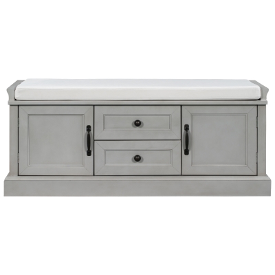 Storage Bench with 4 Doors and Adjustable Shelves, Removable Cushion for Entryway, 43" L x 16" W x 17.5" H, Gray