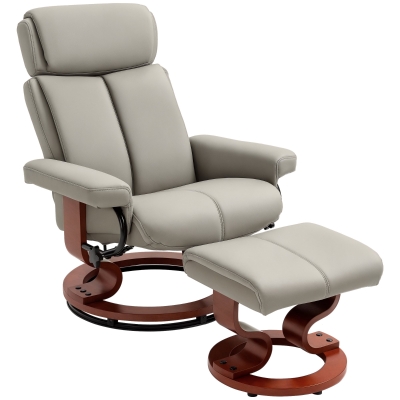 HOMCOM Grey Swivel Recliner Chair with Ottoman and Wood Base