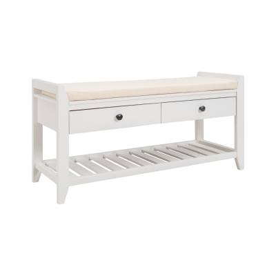 Multipurpose Entryway Storage Bench with Pine Wood Construction, Shoe Rack with Cushioned Seat and Drawers, 39" L x 14" W x 20" H, White