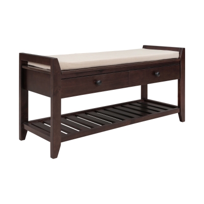 Shoe Rack with Cushioned Seat and Drawers, Pine Wood Construction, Multipurpose Entryway Storage Bench, 39" L x 14" W x 20" H, Dark Brown