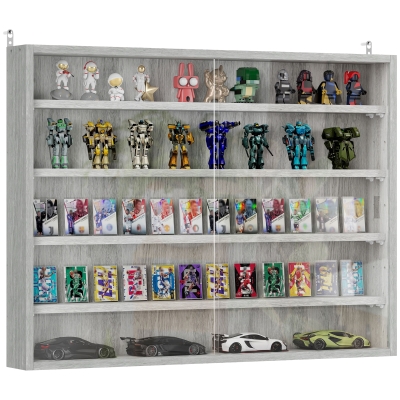 HOMCOM 5-Tier Display Cabinet, Shot Glass Display Case, Glass Curio Cabinet with 2 Glass Doors and 4 Adjustable Shelves, Grey