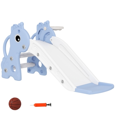 Qaba 3 in 1 Toddler Slide for Age 1-3, Kids Slide with Climber, Basketball Hoop and Ball, Giraffe Design, Blue