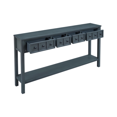 Rustic Entryway Console Table with Two Size Drawers, Bottom Shelf, Distressed Finish, Solid Timber Frame, 60" L x 11" W x 34" H, Navy