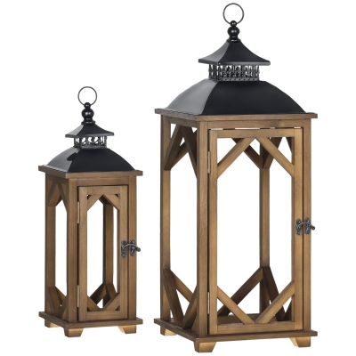 HOMCOM 2 Pack Rustic Wooden Metal Lanterns, 31"/21", Black/Dark Wood