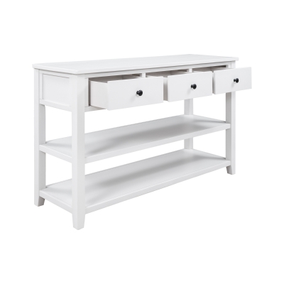 Mid-Century Retro Console Table with 2 Open Shelves, 3 Drawers, Pine Solid Wood Frame, Circular Handles, 50" L x 16" W x 30" H, White