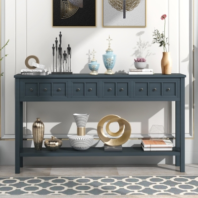 Rustic Entryway Console Table with Two Size Drawers, Bottom Shelf, Distressed Finish, Solid Timber Frame, 60" L x 11" W x 34" H, Navy