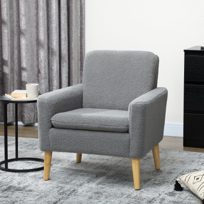 HOMCOM Fabric Accent Chair, Modern Upholstered Armchair with Wood Legs and Wide Padded Seat, Grey