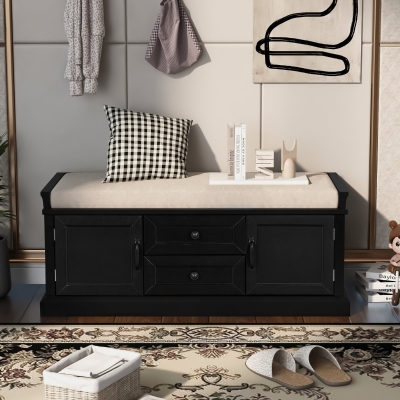 Storage Bench with Multi-Purpose Storage and Adjustable Shelves, Removable Cushion for Entryway, 43" L x 16" W x 17.5" H, Black