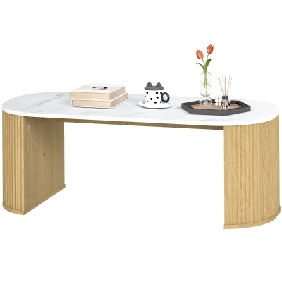 HOMCOM Coffee Table, Modern Marble-Effect Living Room Table with Round Corners and Thicken Legs, Natural Wood