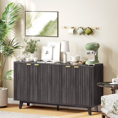 HOMCOM 55" Fluted Sideboard Buffet Cabinet, 4 Doors, Distressed Gray