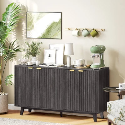 HOMCOM 55" Fluted Sideboard Buffet Cabinet, 4 Doors, Distressed Gray