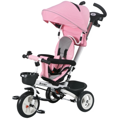 Qaba 6 in 1 Toddler Tricycle with Parent Push Handle, Canopy, Storage Baskets, Cupholder, Pink