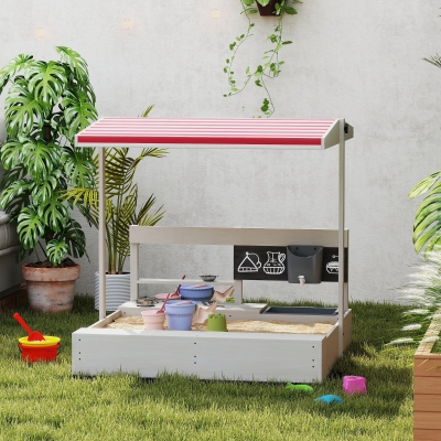 Outsunny Kids Sandbox with Cover Kitchen Playset Toys, Wooden Sand Box with Seat, Storage, for 3-7 Years Old, Grey
