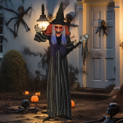 Outsunny Animatronics Standing Witch, Voice-Activated Prop with Skull Staff & Flashing Eyes, Easy Setup Indoor, Orange