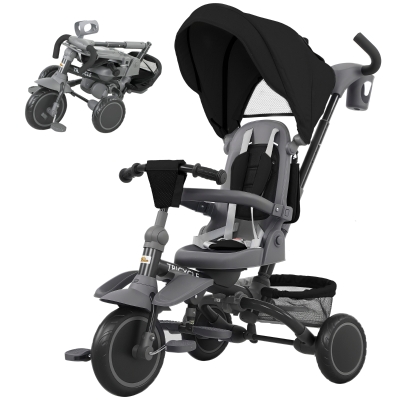 Qaba 6 in 1 Toddler Tricycle for 1-5 Years Old with Push Handle, Removable Canopy, Rotatable Seat, Black