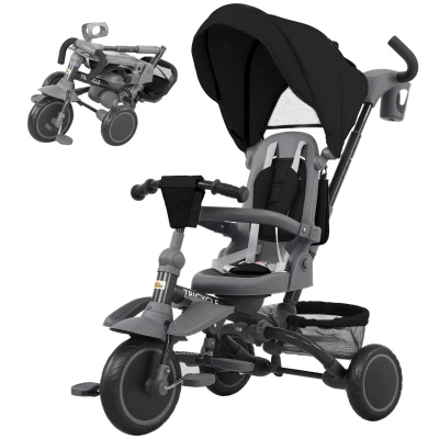 Qaba 6 in 1 Toddler Tricycle for 1-5 Years Old with Push Handle, Removable Canopy, Rotatable Seat, Black
