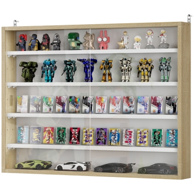 HOMCOM 5-Tier Display Cabinet, Shot Glass Display Case, Glass Curio Cabinet with 2 Glass Doors and 4 Adjustable Shelves, Oak