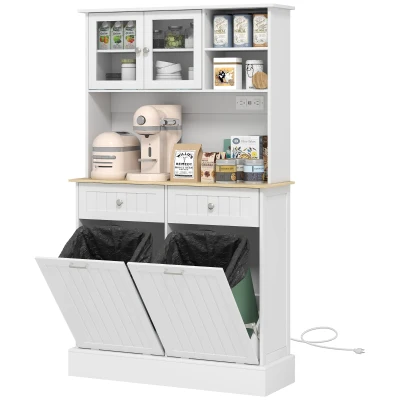 HOMCOM Kitchen Cabinet with Charging Station, 2 Tilt Out Cabinets, Microwave Stand, Freestanding Kitchen Pantry Cabinet, White