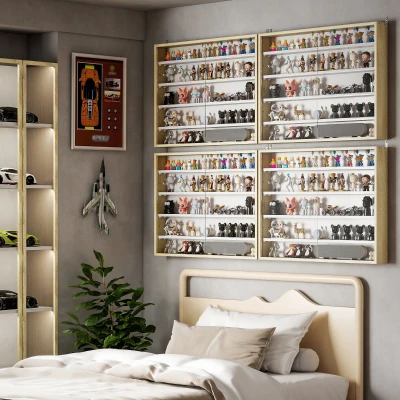 HOMCOM Wall-Mounted 5-Tier Display Cabinet with Glass Doors, Oak/White