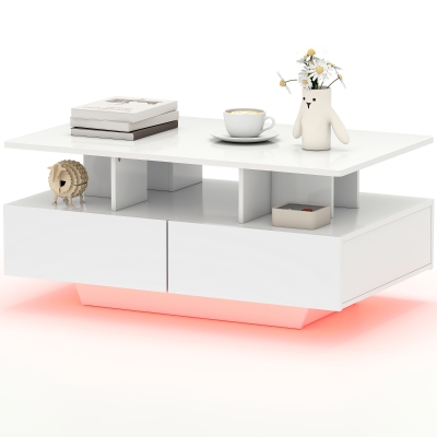 HOMCOM Coffee Table with RGB LED Lights, Modern Living Room Table with 4 Drawers, Open Shelf, Remote Control, High Gloss White