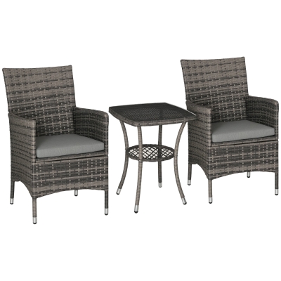 Outsunny 3 Pieces Wicker Patio Furniture Set, Rattan Bistro Set with Glass Top Coffee Table and Cushions, Outdoor Conversation Set for Garden, Porch, Balcony, Mixed Grey