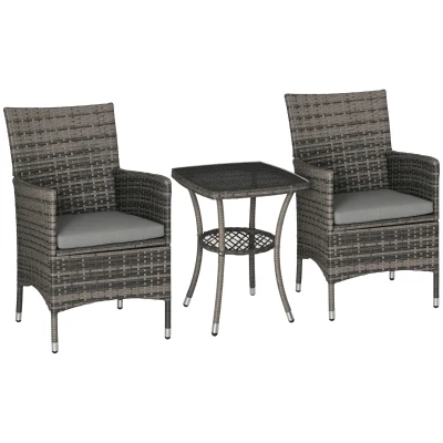 Outsunny 3 Pieces Wicker Patio Furniture Set, Rattan Bistro Set with Glass Top Coffee Table and Cushions, Outdoor Conversation Set for Garden, Porch, Balcony, Mixed Grey