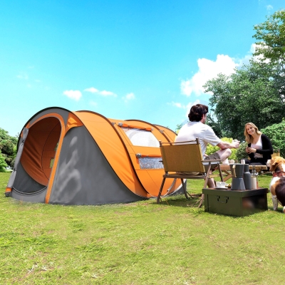 Outsunny 4 Person Camping Tent, Easy Pop Up Tent with Doors, Windows and Carry Bag, Automatic Setup Tent for Hiking, Orange
