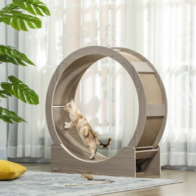 PawHut 36" Cat Wheel for Indoor Cats with Brake, Scratching Pads, Walnut