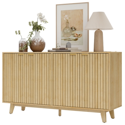 HOMCOM 55" Fluted Sideboard Buffet Cabinet with 4 Doors, Natural Wood