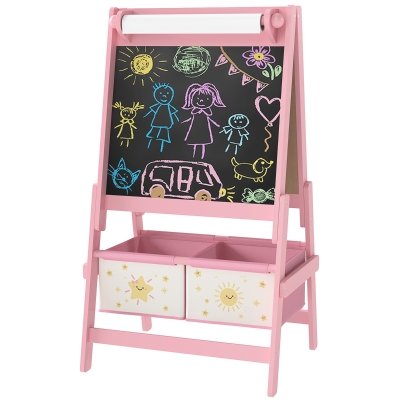 Qaba Art Easel for Kids, Double-Sided Whiteboard & Chalkboard with Paper Roll, 2 Storage Boxes, Gift for Boys, Girls, Pink