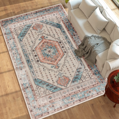 HOMCOM 8x10 Vintage Washable Non-Slip Rug for Living Room, Brown/Blue