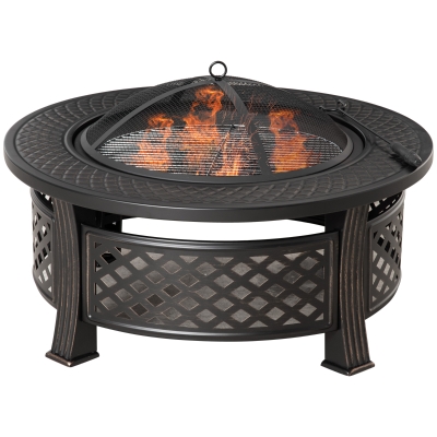 Outsunny Outdoor Fire Pit, Firepit with Grill Net, Mesh Lid, Poker, for Camping, Bonfire, Picnic, Bronze