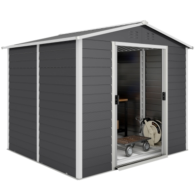 Outsunny 8' x 7' Outdoor Storage Shed, Easy to Assemble, Upgraded Galvanized Metal Garden Shed with Lockable Doors, Floor Frame and Gloves for Backyard, Lawn, Patio, Dark Grey