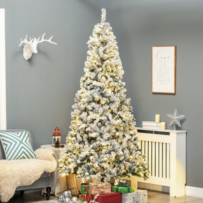 HOMCOM 7.5' Prelit Flocked Christmas Tree, Warm White LED