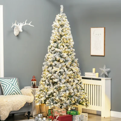 HOMCOM 7.5' Prelit Flocked Christmas Tree, Warm White LED
