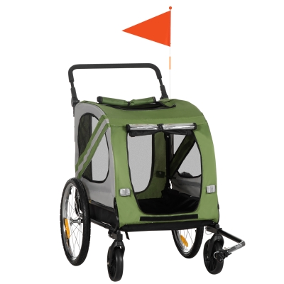 Aosom Dog Bike Trailer, 2-in-1 Dog Wagon Pet Stroller for Travel with Universal Wheel Reflectors Flag, for Small and Medium Dogs, Green