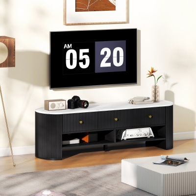HOMCOM TV Stand, Modern TV Table with Marble-Effect Top, 3 Drawers and 2 Open Shelves for 32-65 Inch Television, Black