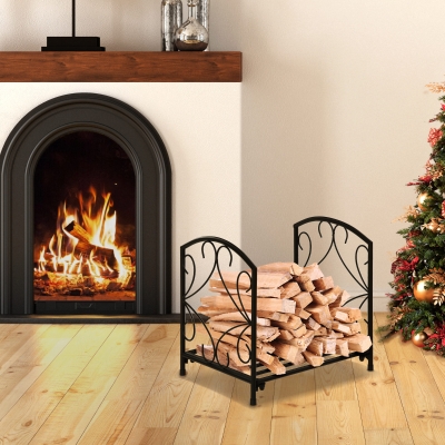 Outsunny 16" Heavy Duty Metal Fireplace Log Holder, Firewood Rack Outdoor for Fireplace Storage, Black