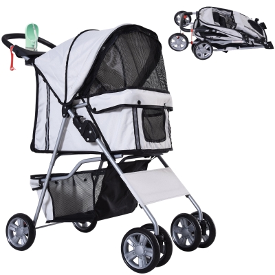 PawHut 4 Wheel Dog Pet Stroller Dog Cat Carrier Folding Sunshade Canopy with Brake, Safety Leash, Cup Holder, Grey