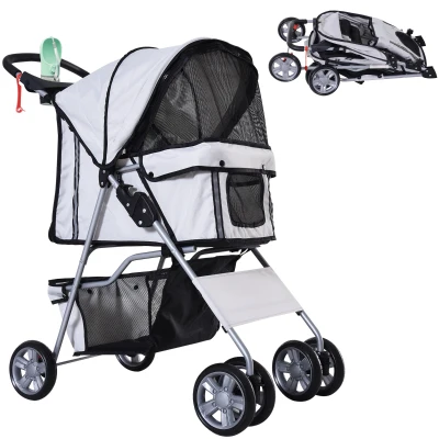 PawHut 4 Wheel Pet Stroller for Small Dogs Cats, Dog Stroller with Folding Sunshade Canopy, Pet Carrier Folding Sunshade Canopy with Brake, Safety Leash, Cup Holder, Grey