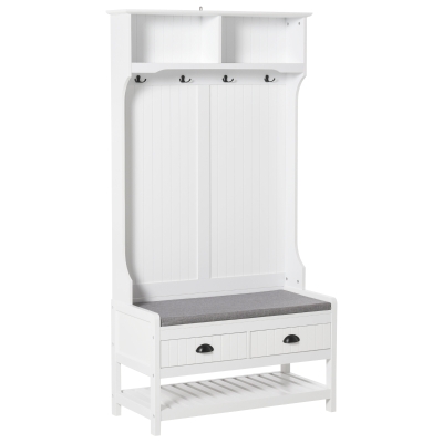 HOMCOM Coat Rack Shoe Bench, Hall Tree with Bench and Shoe Storage, Entryway Bench with 4 Hooks, 2 Drawers, 2 Shelves, White