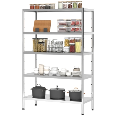 HOMCOM Bakers Rack, 5-Tier Stainless Steel Kitchen Storage Shelf with Adjustable Heights for Spices, Pots and Pans, Silver