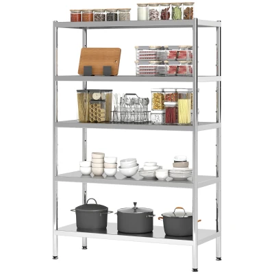 HOMCOM Bakers Rack, 5-Tier Stainless Steel Kitchen Storage Shelf with Adjustable Heights for Spices, Pots and Pans, Silver